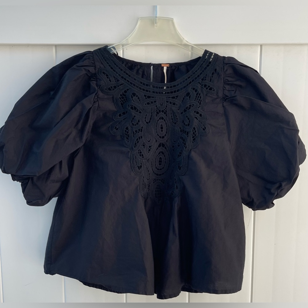Free People Bardot Blouse 
Black Puff Sleeve
